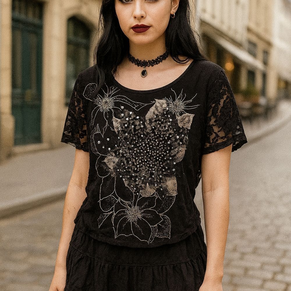 Vtg Y2K Wet Seal Black Floral Bling Sequined S/S Scoop Neck Dolman Babydoll Top